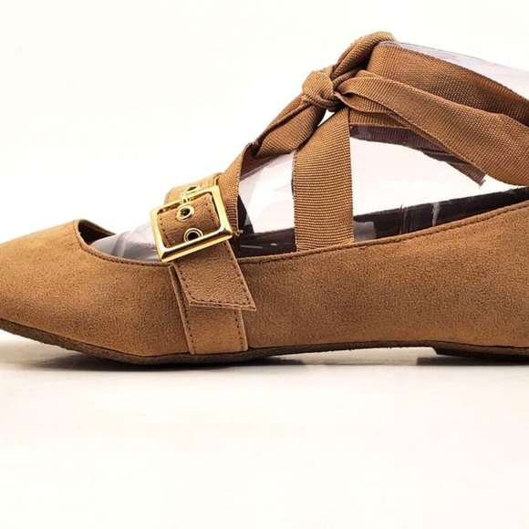 NEW Bamboo Women's Flats Chantel Tan Suede with Ankle Tie Foot Buckle - Picture 5 of 15